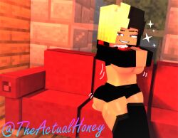 3d big_ass big_breasts big_butt black_and_blonde_hair female honey_(tah) lifting_hoodie mine-imator minecraft seductive_smile sitting_on_couch strip_tease theactualhoney