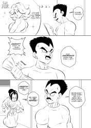 1boy 1girls angry black_and_white black_eyes black_hair breasts bulma_briefs chichi chichi_(bulma's_party) comic comic_page dialogue dragon_ball_gt dragon_ball_z english_text female funsexydragonball hair_bun hairbun highres imminent_sex large_breasts line_art male robe short_hair source_request speech_bubble straight text vegeta