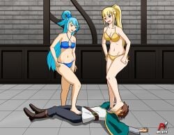 1boy 2girls aqua_(konosuba) arlioth barefoot bikini darkness_(konosuba) denki_anma dominant_female female femdom foot_domination foot_fetish foot_on_crotch foot_on_face footjob footjob_over_clothes goddess humiliation kono_subarashii_sekai_ni_shukufuku_wo! male multiple_girls nail_polish nails_painted on_back satou_kazuma standing standing_footjob stepped_on stepping_on_penis submissive_male swimsuit teamwork trample trampling