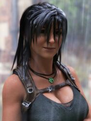 1girls 3d backpack big_breasts breasts brown_eyes brown_hair busty female female_focus female_only lara_croft lara_croft_(survivor) long_hair necklace pinup pinup_pose rain raining solo solo_female tank_top tomb_raider tomb_raider_(survivor) wet wet_body wet_clothes wet_skin word2