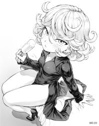 1girls bare_legs black_and_white blush breasts curly_hair heels looking_at_viewer looking_up mogudan monochrome one-punch_man popsicle tatsumaki thighs