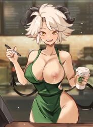 1girls apron barista big_breasts breasts coffee employee employee_uniform golden_eyes holding_object horns iced_latte_with_breast_milk lactation milk nipples one_breast_out original pointy_ears rakeemspoon starbucks susan_(rakeemspoon)