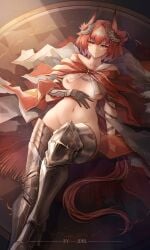 1girls 2023 arknights armor breasts breasts_out feathers fiammetta_(arknights) gloves hi_res jdhlfire legwear light-skinned_female light_skin looking_at_viewer lying lying_on_back nude red_eyes red_hair solo