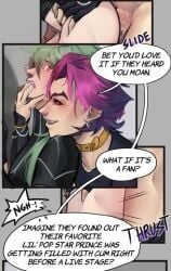 anal_sex bathroom blush cum_inside dialogue erection ezreal finger_in_mouth gay green_hair heartsteel_ezreal heartsteel_kayn heartsteel_series kayn league_of_legends penetration pink_hair saliva yaoi