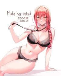 1girls belly belly_button big_breasts braid braided_hair braided_ponytail breasts busty chainsaw_man child_bearing_hips curves curvy curvy_female curvy_figure female female_only hips hourglass_figure large_breasts lingerie lingerie_only machulanko makima_(chainsaw_man) red_body red_hair spiral_eyes thick thick_thighs thighs tie tummy underwear undress_character white_background wide_hips