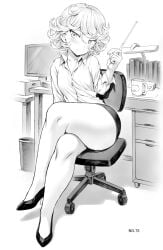 1girls black_and_white blush curly_hair heels legs_crossed mogudan monochrome one-punch_man tatsumaki thick_thighs thighs