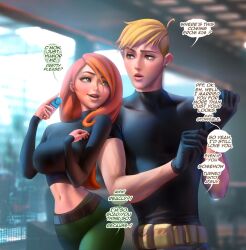 1boy 1girls big_breasts breasts canon_couple curvy dialogue disney disney_channel kim_possible kimberly_ann_possible long_hair muscular_male ron_stoppable sakimichan