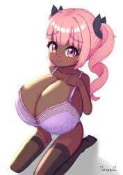 big_breasts blush bra clothed_breasts dark-skinned_female dark_skin drill drill_hair hyper_breasts mia_(sr.weboz) oppai_loli pink_eyes pink_hair sr.weboz sr_weboz stockings twintails white_background