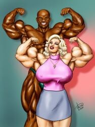 abs biceps big_breasts big_muscles blonde_hair breasts cynthia_robinson dark-skinned_male dark_skin dcmatthews eyebrows eyelashes female hair huge_breasts huge_muscles hyper_breasts large_breasts large_muscles lips long_hair male muscles muscular muscular_arms muscular_female muscular_legs muscular_male size_difference teeth