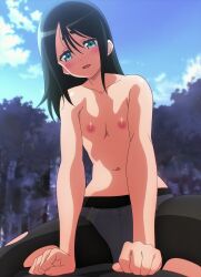 1boy 1girls black_hair futoku_no_guild kikuru_madan long_hair nipples screencap small_breasts stitched tagme toxico_dannar