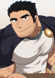 1boy 2023 bara barazoku beard_stubble black_hair clothing gay hairy_male liuoie2 looking_at_viewer lucas_lee male male_focus male_only manly muscular_male scott_pilgrim solo solo_male tight_clothing