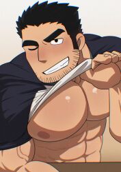 1boy 2023 abs bara barazoku beard_stubble biceps black_hair blush clothing gay hairy_male liuoie2 looking_at_viewer lucas_lee male male_focus male_nipples male_only manly muscles muscular muscular_arms muscular_male nipples scott_pilgrim shirt_lift solo solo_male tight_clothing