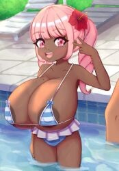 big_areola big_breasts bikini blush dark-skinned_female dark_skin drill drill_hair flower_in_hair mia_(sr.weboz) pink_eyes pink_hair pool skirt sr.weboz twintails