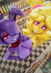 2girls 3d 3d_(artwork) anthro anthro_only areolae bedroom_eyes big_breasts bonfie bonfie_(cryptia) bonnie_(cally3d) bonnie_(fnaf) breasts chica_(cally3d) chica_(fnaf) chiku chiku_(cryptia) fazclaire's_nightclub female female_only five_nights_at_freddy's fredina's_nightclub furry furry_only hi_res inverted_nipples looking_at_viewer mall one_eye_obstructed purple_fur scottgames smile yellow_fur zuse_(artist)