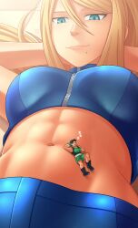 abs black_hair blonde_hair blue_eyes bush casual casual_outfit_(metroid casual_outfit_(metroid) giant_breasts giantess little_mac looking_down metroid metroid_fusion nintendo punch_out safe samus_aran size_difference sleeping sports_bra tank_top zero_suit zero_suit_samus