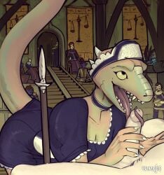 anthro argonian bethesda_softworks choker clothing duo erection female genitals green_body green_scales hi_res human human_on_anthro humanoid_genitalia humanoid_penis interspecies jewelry licking lifts-her-tail lusty_argonian_maid maid_headdress maid_uniform male male/female male_on_anthro mammal melee_weapon necklace nude oral penile penis penis_lick polearm public public_sex scales scalie sex sharp_teeth spear spincraze teeth the_elder_scrolls tongue tongue_out uniform weapon