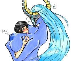 1boy 1boy1girl 1girls between_breasts big_breasts black_hair blue_eyes blue_hair blue_skin blush breasts breasts_bigger_than_head cheetah_kat cuddling female goddess grabbing_breasts horns huge_breasts isonokami_tao_(megami_tensei) lactation large_breasts long_hair male mask megami_tensei monster monster_girl nahobino_(smt) nipples protagonist_(shin_megami_tensei_v) shin_megami_tensei shin_megami_tensei_v short_hair size_difference spoilers straight sweatdrop tongue tongue_out very_long_hair