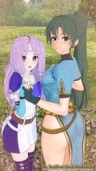 2girls 3d ass back bare_arms bare_thighs belt big_ass boots breasts elbow_gloves female female_only fingerless_gloves fire_emblem fire_emblem:_the_blazing_blade florina_(fire_emblem) gloves green_eyes green_hair grin holding_hands jollyoldsoldier long_hair looking_at_viewer looking_back lyn_(fire_emblem) medium_breasts multiple_girls nintendo open_mouth outdoors pelvic_curtain ponytail purple_hair short_sleeves skirt small_breasts smile thigh_boots thighs very_long_hair yuri