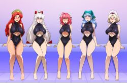 5girls fujiwara_no_mokou highleg highleg_leotard hong_meiling hypnosis kasen_ibaraki keiki_haniyasushin leotard midriff multiple_girls shinzu031 tamatsukuri_misumaru touhou underboob