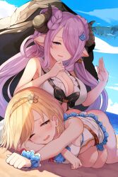 2girls ass beach big_breasts bikini blonde_hair blue_eyes blush braid braided_hair breasts brown_eyes cleavage djeeta_(granblue_fantasy) draph draph_race_(granblue_fantasy) enjoying female female_only female_protagonist granblue_fantasy hair_ornament hairband happy horns huge_breasts large_breasts long_hair looking_at_another looking_pleasured masochism medium_breasts medium_hair multiple_girls narmaya_(granblue_fantasy) ocean outdoors outside pleasure_face pointed_ears pointy_ears purple_hair red_ass red_butt rock sand scrunchie shiny_hair shiny_skin spank_marks spanked spanked_butt spanking spanking_ass sweat sweatdrop swimsuit water yamato_(muchuu_paradigm) yuri