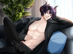 abs bedroom_eyes black_hair black_suit business_attire business_man business_suit crossed_legs demon demon_boy demon_horns demon_humanoid demon_lord dominant domination gay gay_domination horn horns legs_crossed lip_piercing male male_only muscular muscular_abs muscular_male office piercing purple_hair shinichi_kai shinichi_kai_(vtuber) smile smirk sparkles suit twitch twunk virtual_streamer virtual_youtuber vtuber yaoi