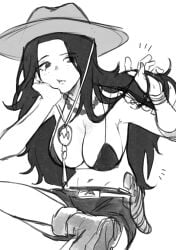 1girls armpits bead_necklace bikini_top cleavage female female_only freckles genderswap_(mtf) hanging_breasts hat headwear long_hair monochrome necklace one_piece portgas_d_ace portgas_d_ann rule_63 shorts sitting solo tiradmisx