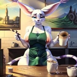 ai_generated anthro apron_only big_breasts bulge cum cum_in_cup digimon digimon_(species) futa_only futanari gatomon iced_latte_with_breast_milk iced_latte_with_dick_milk