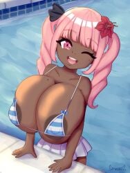 big_areola big_breasts bikini blush breast_squeeze dark-skinned_female dark_skin drill drill_hair flower_in_hair mia_(sr.weboz) pink_eyes pink_hair pool skirt sr.weboz twintails