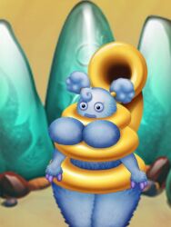 1monster amber_island big_blue_bubble big_breasts blue_body blue_feathers blue_fur blue_hair blue_lips blue_sclera breasts detailed_background edit edited_official_artwork eyelashes fluffy_hair instrument monster my_singing_monsters no_nipples pomily purple_fingers smile smiling solo sooza sousaphone sprite_edit standing stuck stuck_in_object thick_thighs third-party_edit twintails