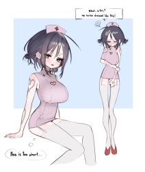 big_breasts black_hair blush canon_genderswap cleavage_cutout coocy double_bun english_text female female_only full_body garter_straps genderswap_(mtf) looking_at_viewer minidress nurse nurse_cap nurse_uniform one_piece rule_63 sitting solo speech_bubble standing stockings sweatdrop tattoo tattooed_arm tattoos thighhighs tied_hair trafalgar_law trafalgar_law_(female) white_legwear white_thighhighs yellow_eyes