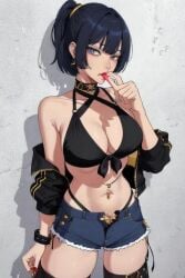 1girls abs ai_generated big_breasts blue_eyes blue_hair choker female_abs female_only mommy_vibes piercing revealing_clothes sassy short_hair tagme thick_thighs thighs yelan_(genshin_impact)