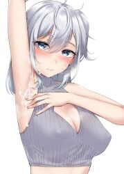 absurdres arm_up armpits blue_eyes blush breasts cleavage cum cum_on_armpits cum_on_body female female_only grey_hair hair_between_eyes highres kantai_collection kiritto large_breasts long_hair looking_at_viewer one_side_up simple_background sleeveless solo solo_female suzutsuki_(kantai_collection) sweat upper_body