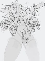 anthro armor balls clothed clothing exosuit foreskin gauntlets genitals gloves gun hair handwear headgear helmet hi_res humanoid_genitalia humanoid_penis male male_only partially_clothed penis puinkey_(artist) ranged_weapon solo weapon