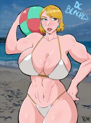 1girls alternate_breast_size beach beach_ball big_breasts bikini blonde_hair breasts dc dc_comics earrings female female_only huge_breasts indralvspaizuri karen_starr large_breasts muscular_female pink_nipples power_girl short_hair solo superman_(series) swimsuit white_bikini white_swimsuit