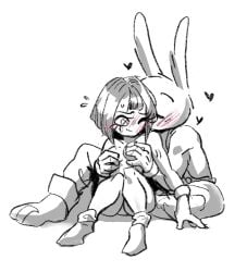 anthro black_and_white blush breasts bunny bunny_ears cute female gloves heart jax_(the_amazing_digital_circus) jester kissing looking_at_partner male pomni pomni_(the_amazing_digital_circus) rattleanal romantic romantic_couple short_hair small_breasts smaller_female tagme the_amazing_digital_circus thighs wholesome