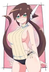 aile alternate_breast_size blush buzzlyears cowboy_shot embarrassed fake_smile huge_breasts mega_man mega_man_zx nervous_smile nose_blush sideboob sleeveless_sweater sleeveless_turtleneck thick_thighs turtleneck_sweater wavy_mouth wide_hips