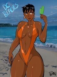 1girls alternate_breast_size beach belly_button big_breasts bikini breasts dark-skinned_female dark-skinned_male dark_hair dark_skin dc dc_comics female female_only ice_cream indralvspaizuri large_breasts one-piece_swimsuit orange_bikini popsicle short_hair skimpy_swimwear sling_bikini slingshot_swimsuit solo thick_thighs vixen_(dc) wide_hips