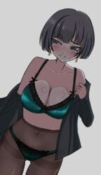 1girls allmind_(armored_core_6) armored_core armored_core_6 big_breasts black_hair blue_eyes blush breasts cleavage earrings female female_only fromsoftware looking_away short_hair solo to_shi underwear undressing