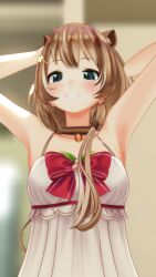 1girls 3d 3d_(artwork) animal_ears armpits arms_behind_head arms_up ayunda_risu bare_shoulders brown_hair choker clothing collar female female_focus female_only green_eyes hairpin highres hololive hololive_indonesia hololive_indonesia_area_15 maple_leaf mikumikudance mistletoe mmd ribbon smile suzutaro3d virtual_youtuber