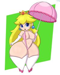 1girls 2023 bikini blonde_hair blue_eyes blush breasts crown dannyiac earrings elbow_gloves female female_only full_body gloves green_background high_heels long_hair mario_(series) nintendo pink_bikini princess_peach shortstack simple_background sling_bikini solo standing super_mario_rpg super_mario_rpg_remake swimsuit thick_thighs thighhighs thighs umbrella very_long_hair white_border wide_hips