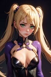 1girls ai_generated blush bodysuit breasts female fischl_(genshin_impact) genshin_impact green_eyes kirill782 open_clothes sad solo stable_diffusion twintails unhappy