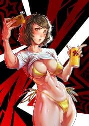 abs atlus beer bikini brown_eyes brown_hair cameltoe gold_bikini mature_female medium_breasts nemodecy older_female persona persona_5 sadayo_kawakami sega selfie swimsuit swimwear t-shirt teacher thick_thighs wet_shirt wet_t-shirt wide_hips