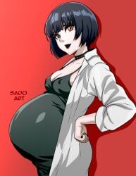 1girls atlus big_belly black_lipstick blue_hair brown_eyes choker cleavage doctor eyeshadow goth labcoat mature_female medium_breasts older_female persona persona_5 pregnant ready_to_pop sado_art sega side_view tae_takemi