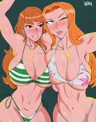 2girls bikini bleach breast_press breasts breasts_together breasts_touching crossover female female_only huge_breasts indralvspaizuri matsumoto_rangiku multiple_girls nami nami_(one_piece) one_eye_closed one_piece oppai orange_hair post-timeskip red_eyes