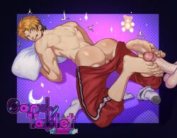 2boys angry ass big_penis blonde_hair bubble_ass bubble_butt candy_tablet character_request eyebrows_visible_through_hair feet feet_on_penis feet_up footjob laying_down laying_on_stomach looking_back male male_only mostly_offscreen_character muscles muscular muscular_male orange_hair pants pants_down penis vein veins veiny_penis yaoi