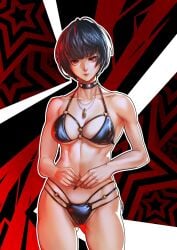 1girls abs atlus bikini black_bikini blue_hair choker necklace nemodecy persona persona_5 red_eyes sega string_bikini tae_takemi thick_thighs thigh_gap