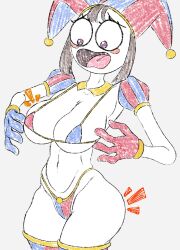 artist_request ass big_ass big_breasts big_thighs bikini breasts brown_hair female gloves hand_drawn jester jester_costume jester_hat jester_outfit looking_down pomni_(the_amazing_digital_circus) short_hair sketch surprised surprised_expression tagme the_amazing_digital_circus thick_thighs thighs white_body