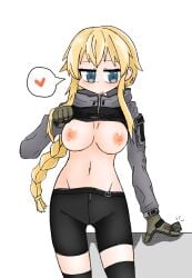 bike_shorts blonde_hair blue_eyes breasts condom gloves indie_virtual_youtuber k-chronos looking_at_viewer military_jacket nipples spats speech_bubble sports_bra sports_bra_lift thighhighs virtual_youtuber whiskey_project white_background