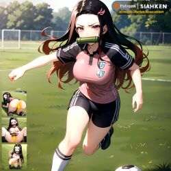 1girls ai_generated artist_upload black_hair demon_slayer grass grass_field kamado_nezuko kimetsu_no_yaiba large_breasts looking_at_viewer multicolored_hair nezuko_kamado pink_eyes playing_sports red_hair ribbon running self_upload siahken soccer soccer_uniform sports_uniform sportswear thighs