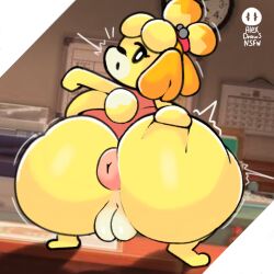 2023 alexdraws animal_crossing anthro anus canid canine canis clothed clothing crouching domestic_dog female fur genitals hi_res isabelle_(animal_crossing) looking_at_viewer looking_back mammal nintendo nude partially_clothed plump_labia puffy_anus puffy_pussy pussy rear_view solo yellow_body yellow_fur